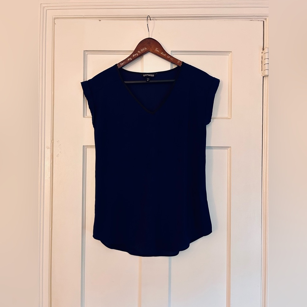 Express Women's Navy Blue V-Neck Top